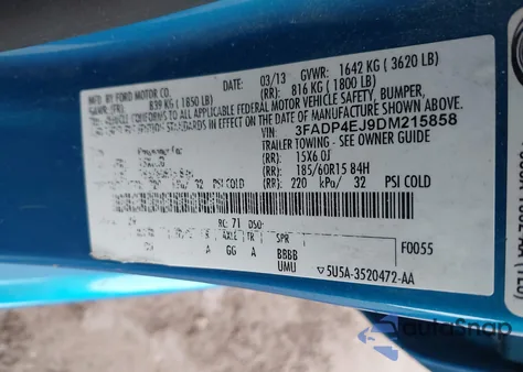 2013 Ford Fiesta Se z USA, uszkodzony, nr VIN 3FADP4EJ9DM215858